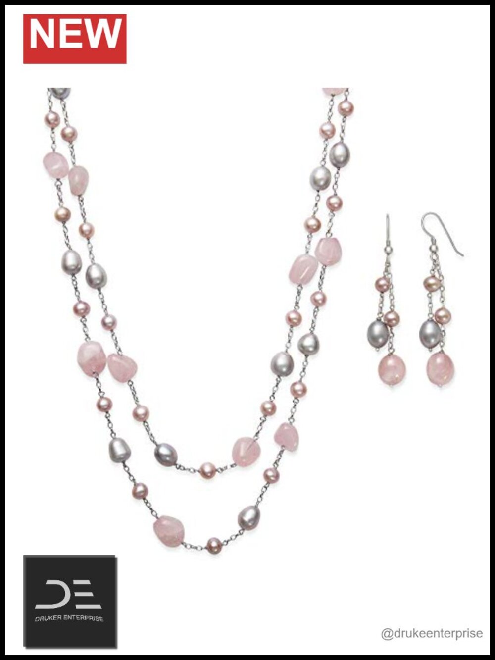 Belacqua Natural Aquamarine or Rose Quartz Freshwater Pearl Layered Station